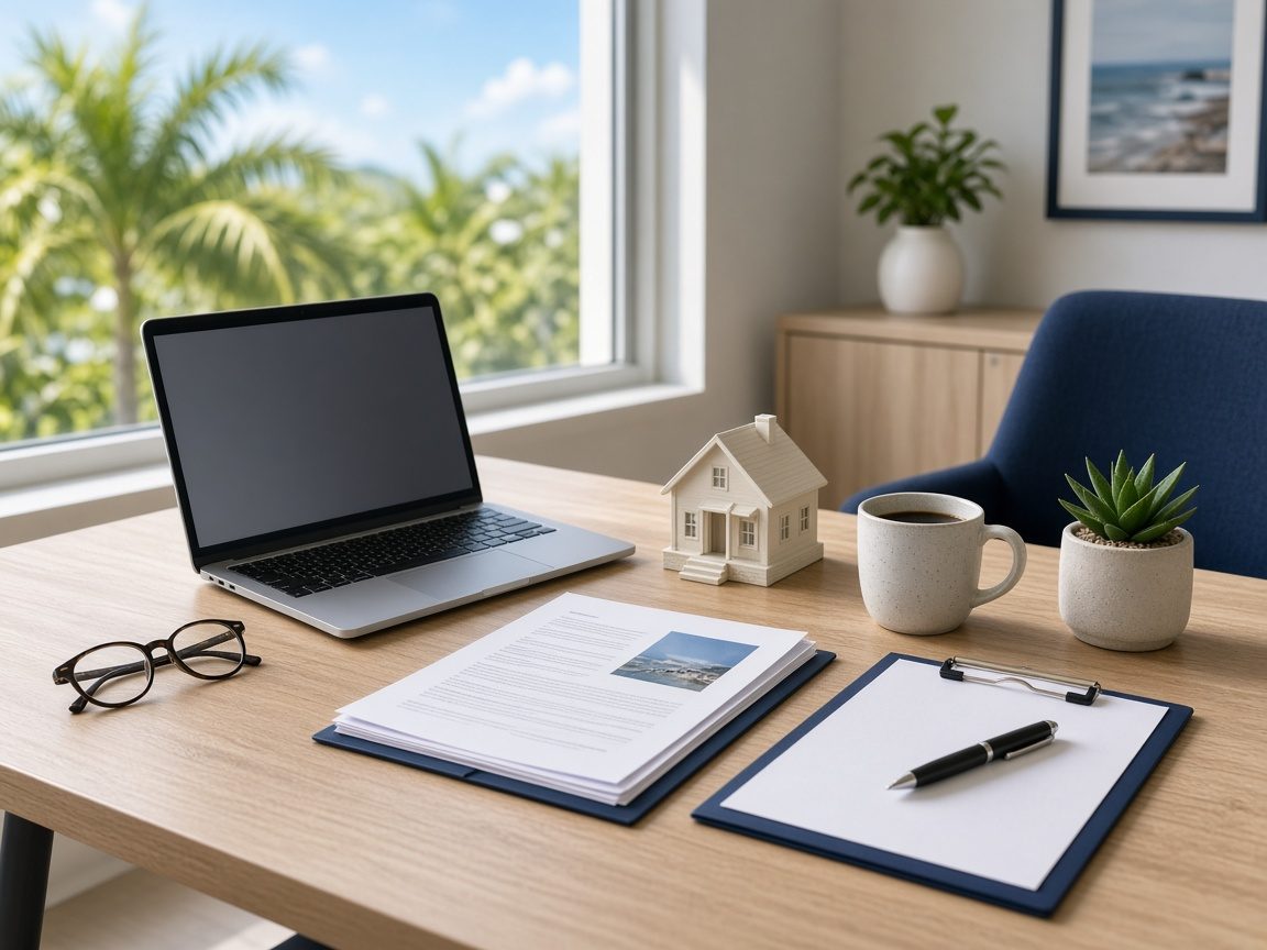 A bright desk with a laptop, policy paperwork, a clipboard and a small model house, palm trees outside the window