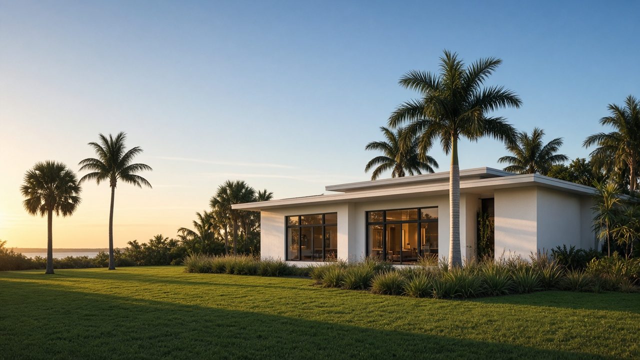 A modern white Florida home framed by palm trees at golden hour